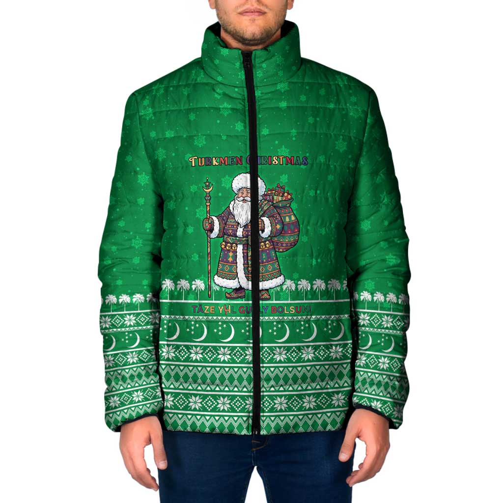 Turkmenistan Christmas Padded Jacket with Traditional Santa Snowflake Crescent Moon and National Emblem - Wonder Print Shop