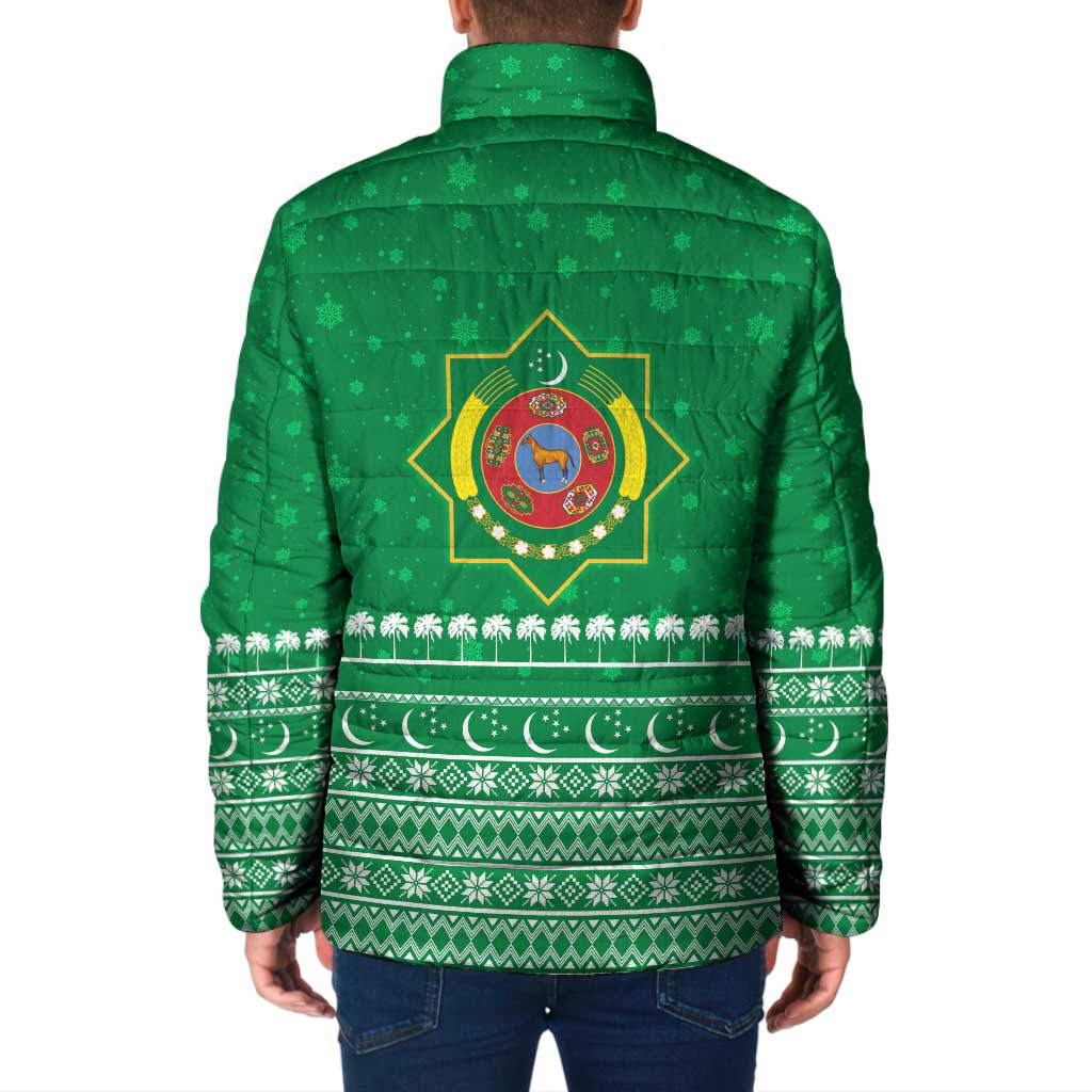 Turkmenistan Christmas Padded Jacket with Traditional Santa Snowflake Crescent Moon and National Emblem - Wonder Print Shop
