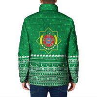 Turkmenistan Christmas Padded Jacket with Traditional Santa Snowflake Crescent Moon and National Emblem - Wonder Print Shop
