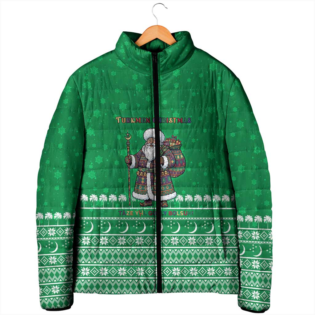 Turkmenistan Christmas Padded Jacket with Traditional Santa Snowflake Crescent Moon and National Emblem - Wonder Print Shop