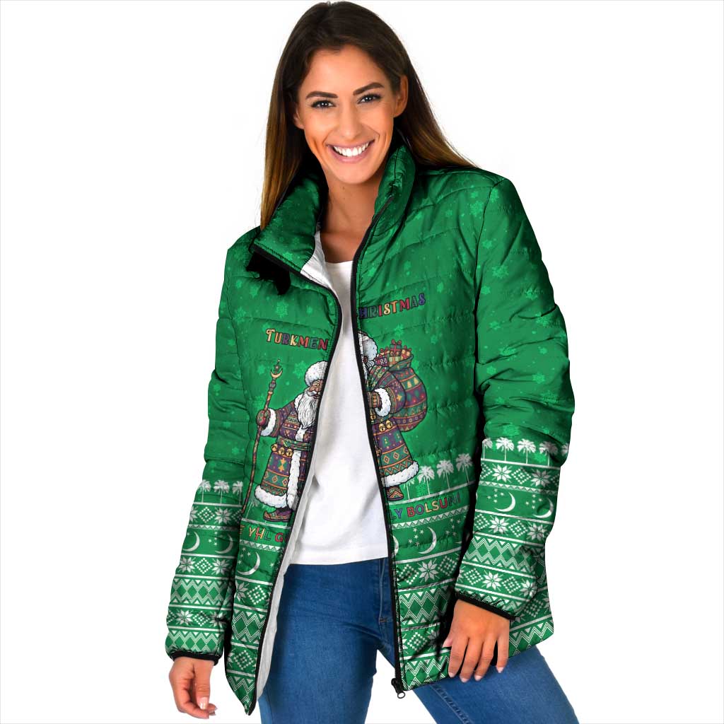 Turkmenistan Christmas Padded Jacket with Traditional Santa Snowflake Crescent Moon and National Emblem - Wonder Print Shop