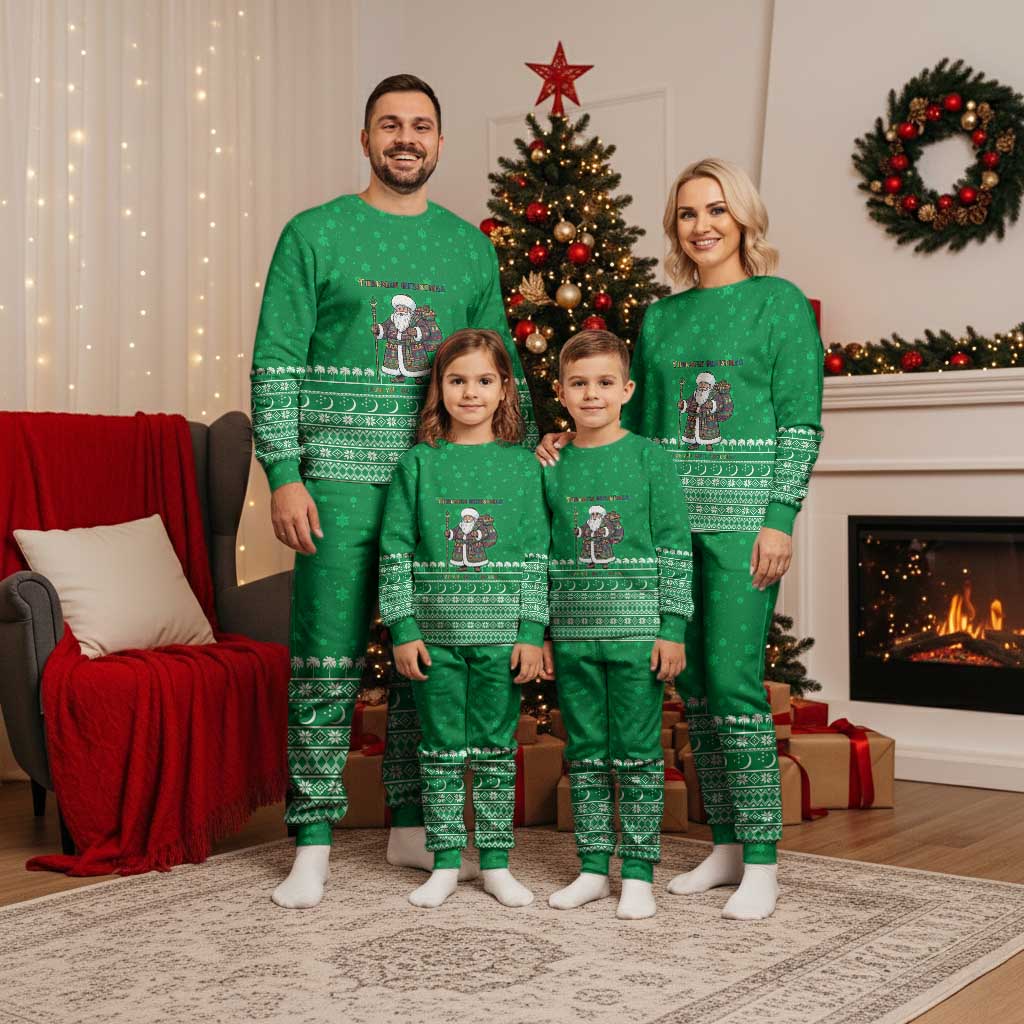 Turkmenistan Christmas Pajama Set with Traditional Santa Snowflake Crescent Moon and National Emblem - Wonder Print Shop