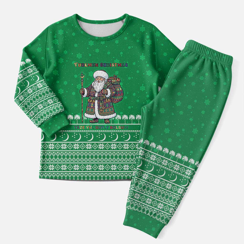 Turkmenistan Christmas Pajama Set with Traditional Santa Snowflake Crescent Moon and National Emblem - Wonder Print Shop