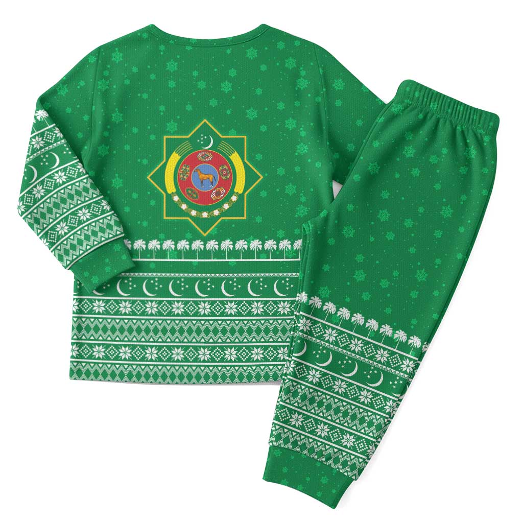 Turkmenistan Christmas Pajama Set with Traditional Santa Snowflake Crescent Moon and National Emblem - Wonder Print Shop