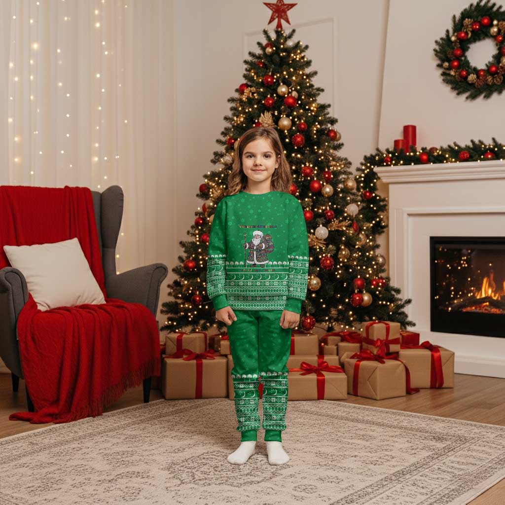 Turkmenistan Christmas Pajama Set with Traditional Santa Snowflake Crescent Moon and National Emblem - Wonder Print Shop