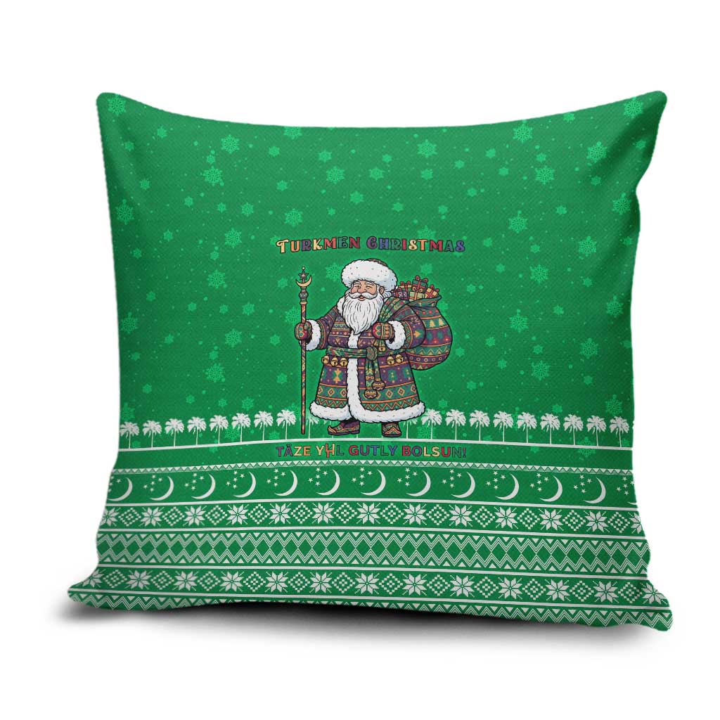 Turkmenistan Christmas Pillow Cover with Traditional Santa Snowflake Crescent Moon and National Emblem - Wonder Print Shop