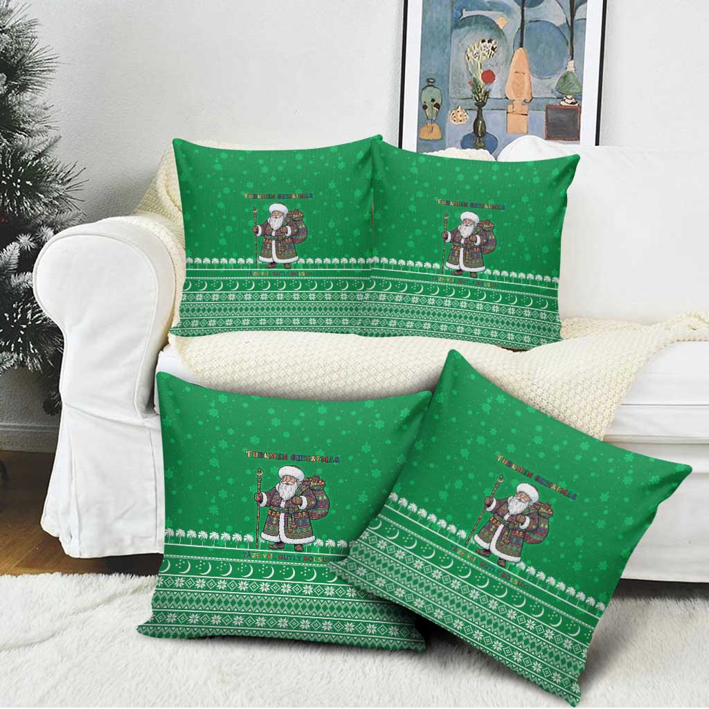 Turkmenistan Christmas Pillow Cover with Traditional Santa Snowflake Crescent Moon and National Emblem - Wonder Print Shop