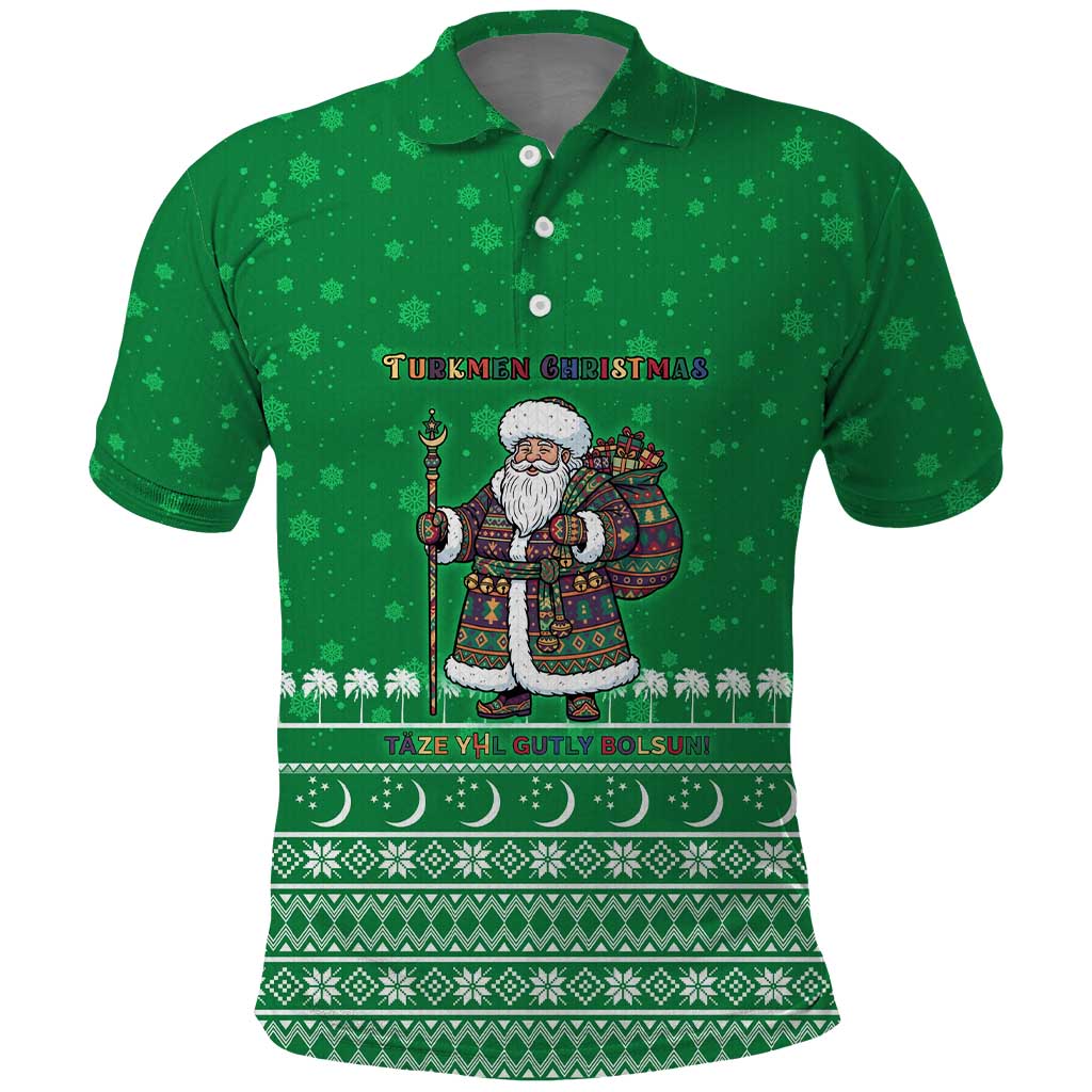 Turkmenistan Christmas Polo Shirt with Traditional Santa Snowflake Crescent Moon and National Emblem - Wonder Print Shop