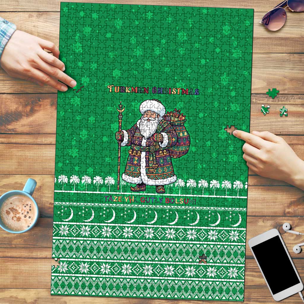 Turkmenistan Christmas Puzzle with Traditional Santa Snowflake Crescent Moon and National Emblem - Wonder Print Shop