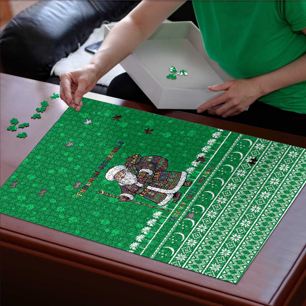Turkmenistan Christmas Puzzle with Traditional Santa Snowflake Crescent Moon and National Emblem - Wonder Print Shop
