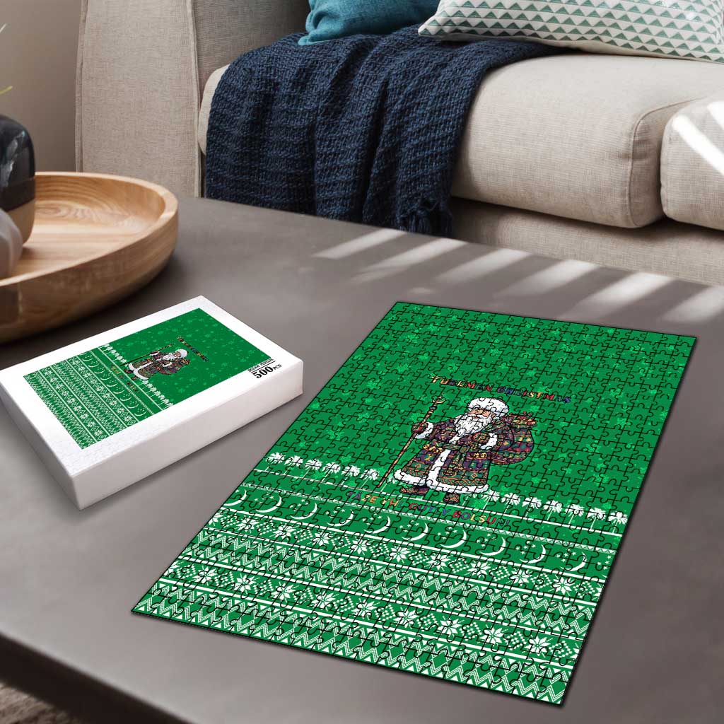 Turkmenistan Christmas Puzzle with Traditional Santa Snowflake Crescent Moon and National Emblem - Wonder Print Shop