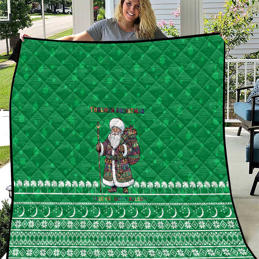Turkmenistan Christmas Quilt with Traditional Santa Snowflake Crescent Moon and National Emblem - Wonder Print Shop