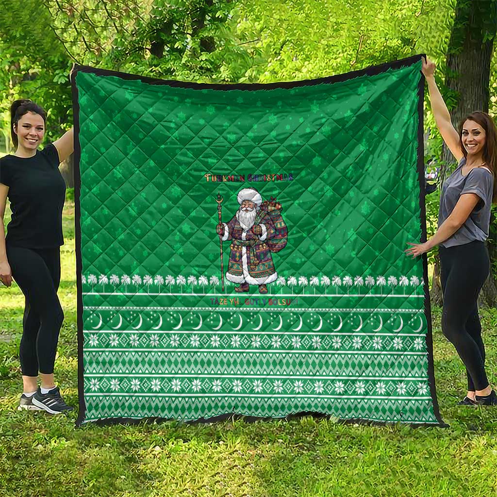 Turkmenistan Christmas Quilt with Traditional Santa Snowflake Crescent Moon and National Emblem - Wonder Print Shop
