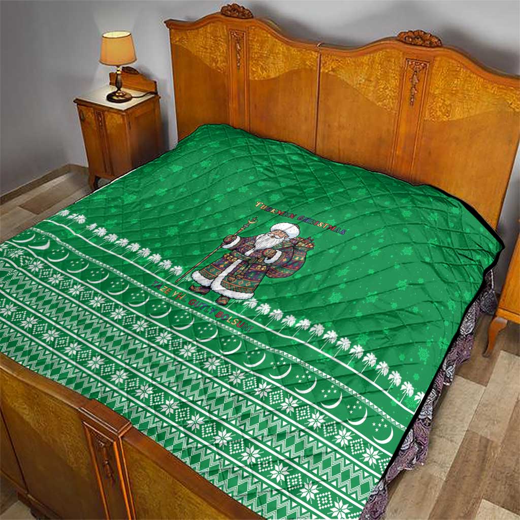 Turkmenistan Christmas Quilt with Traditional Santa Snowflake Crescent Moon and National Emblem - Wonder Print Shop