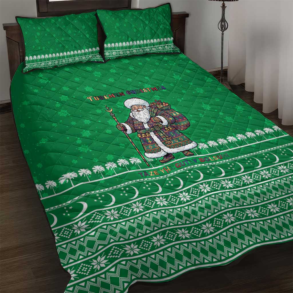 Turkmenistan Christmas Quilt Bed Set with Traditional Santa Snowflake Crescent Moon and National Emblem - Wonder Print Shop