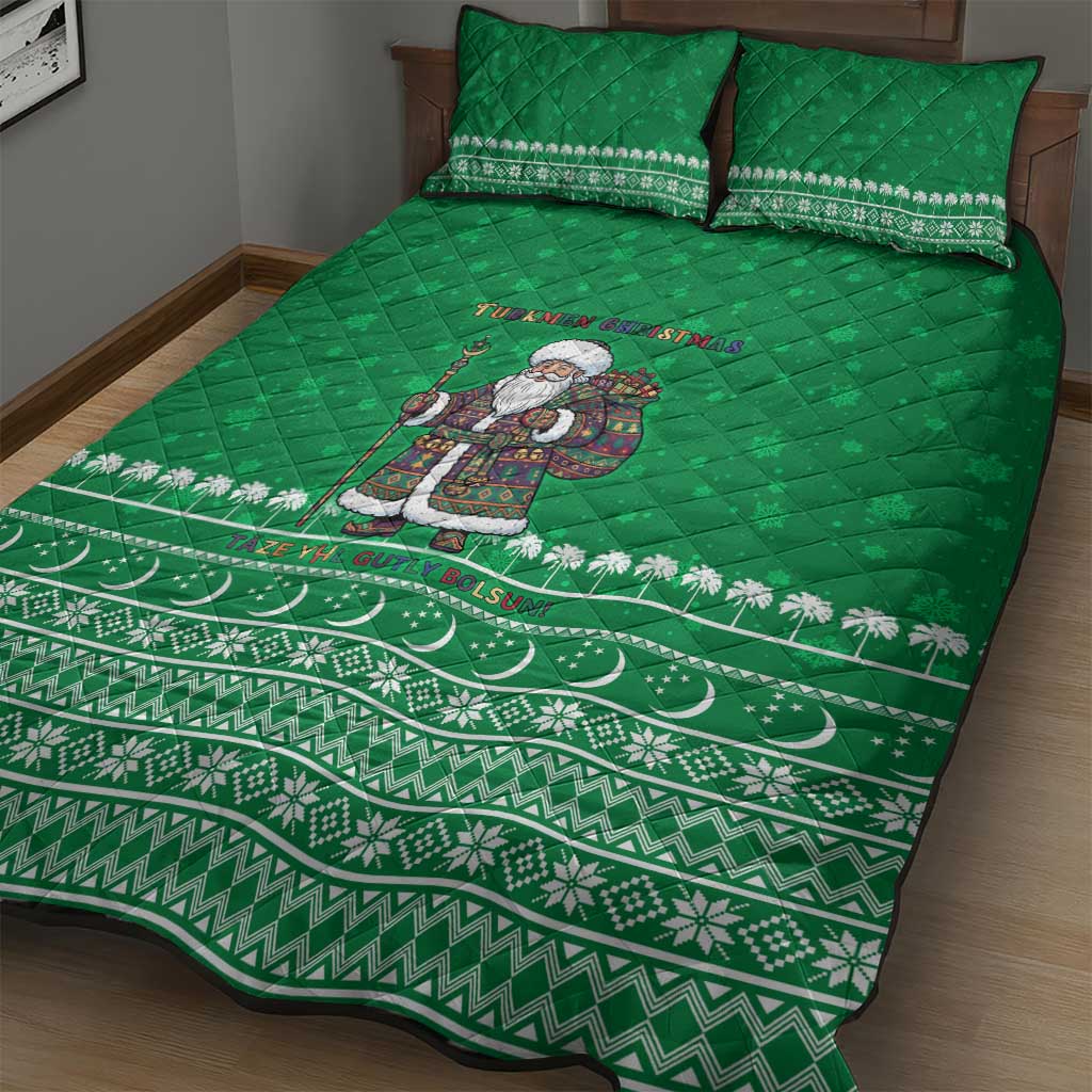 Turkmenistan Christmas Quilt Bed Set with Traditional Santa Snowflake Crescent Moon and National Emblem - Wonder Print Shop