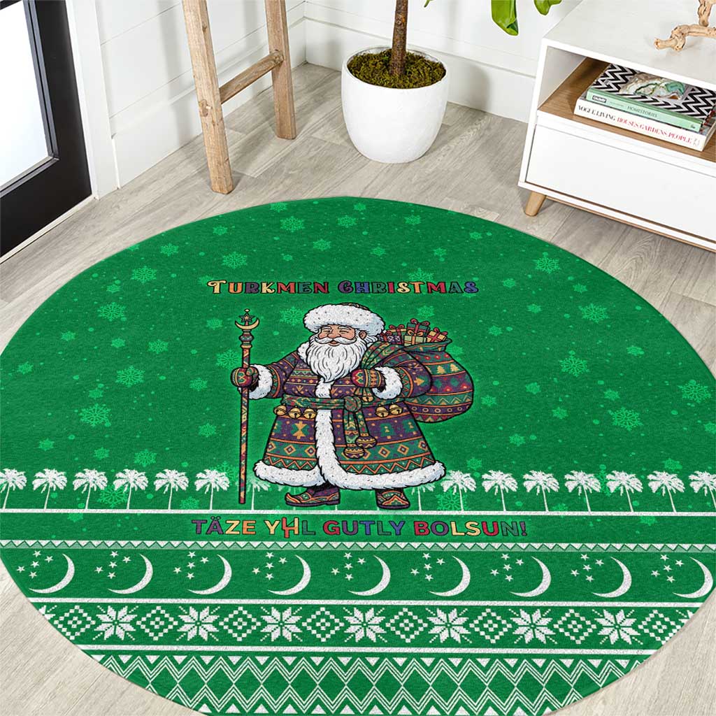 Turkmenistan Christmas Round Carpet with Traditional Santa Snowflake Crescent Moon and National Emblem - Wonder Print Shop