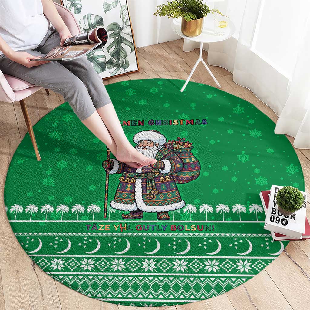 Turkmenistan Christmas Round Carpet with Traditional Santa Snowflake Crescent Moon and National Emblem - Wonder Print Shop