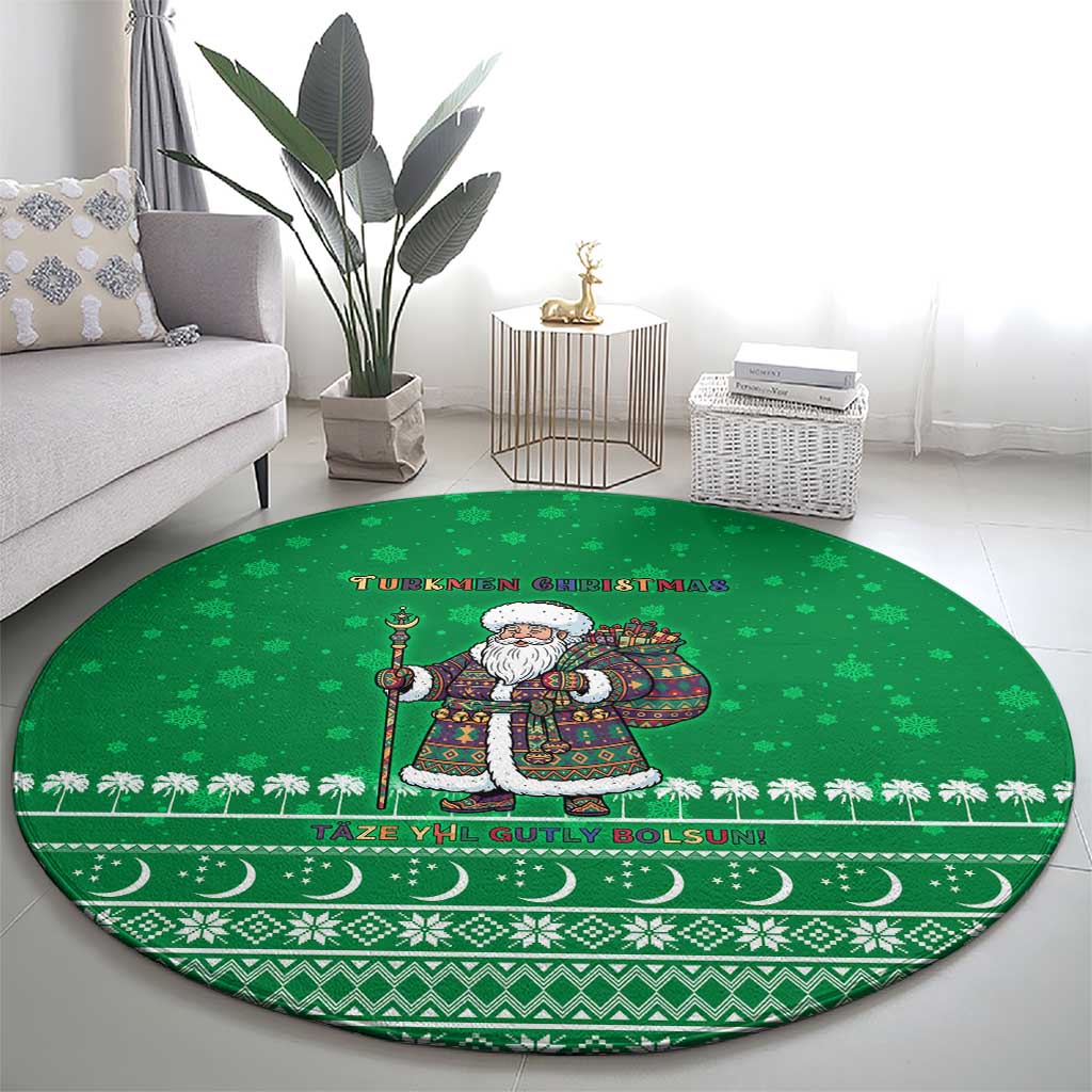 Turkmenistan Christmas Round Carpet with Traditional Santa Snowflake Crescent Moon and National Emblem - Wonder Print Shop
