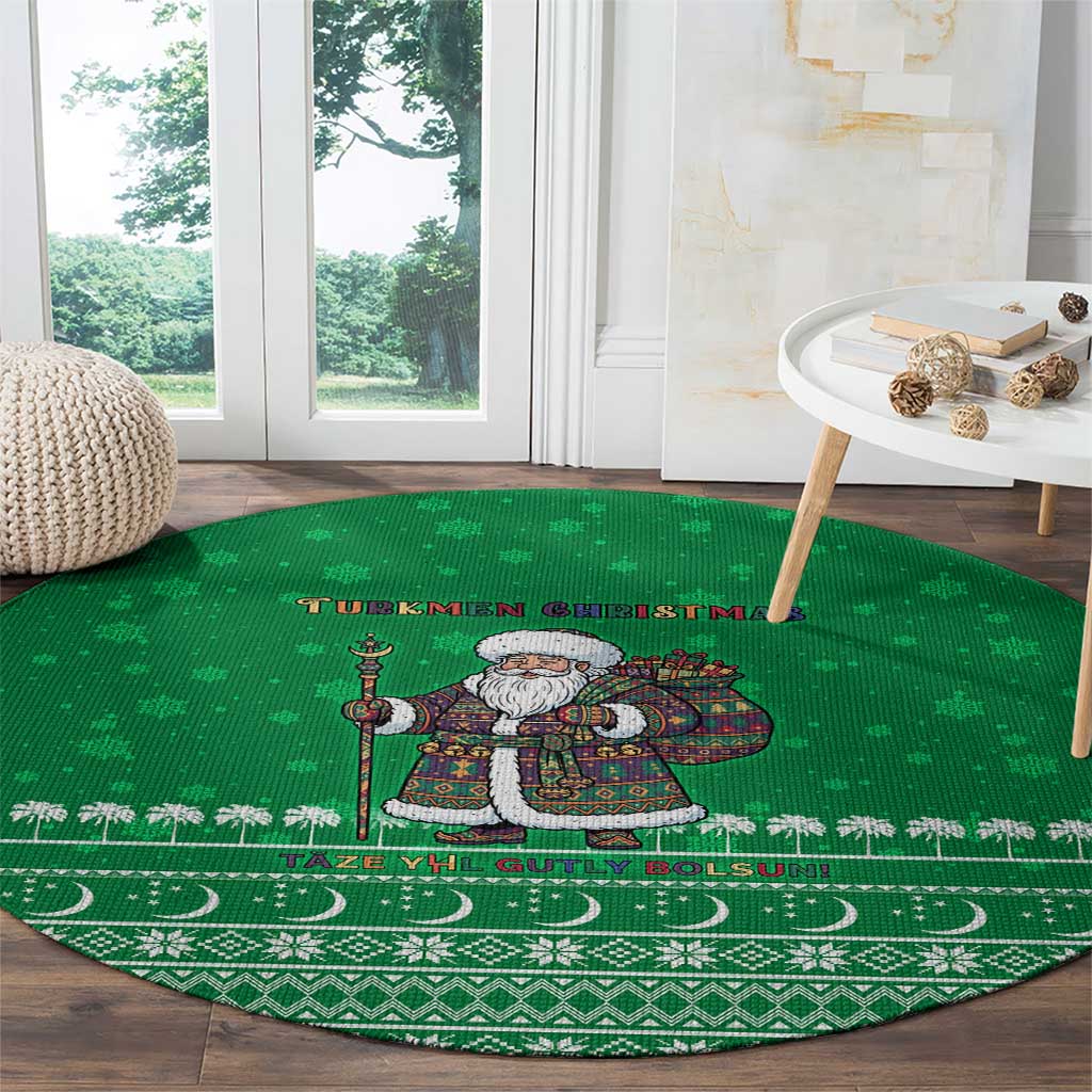 Turkmenistan Christmas Round Carpet with Traditional Santa Snowflake Crescent Moon and National Emblem - Wonder Print Shop