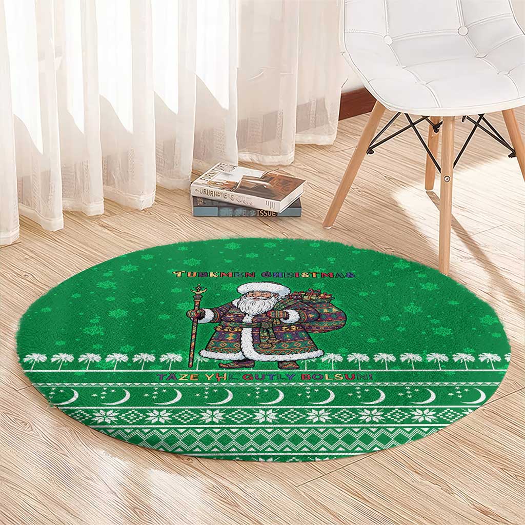 Turkmenistan Christmas Round Carpet with Traditional Santa Snowflake Crescent Moon and National Emblem - Wonder Print Shop