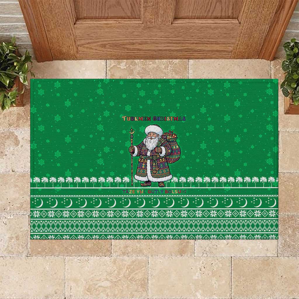 Turkmenistan Christmas Rubber Doormat with Traditional Santa Snowflake Crescent Moon and National Emblem - Wonder Print Shop