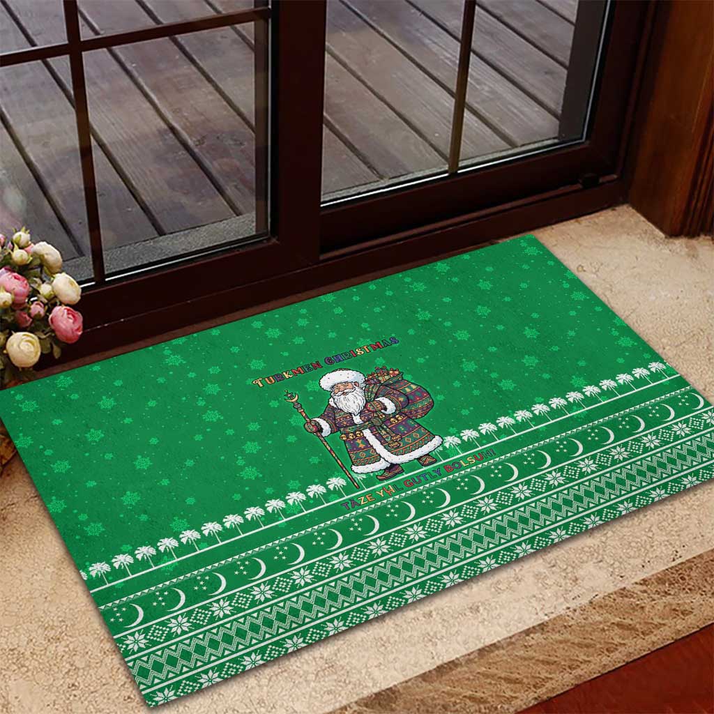 Turkmenistan Christmas Rubber Doormat with Traditional Santa Snowflake Crescent Moon and National Emblem - Wonder Print Shop