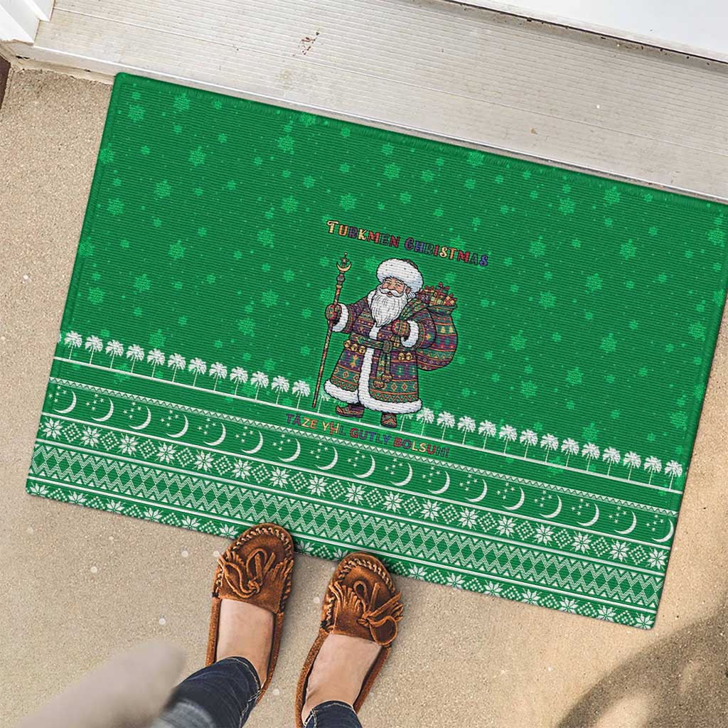 Turkmenistan Christmas Rubber Doormat with Traditional Santa Snowflake Crescent Moon and National Emblem - Wonder Print Shop