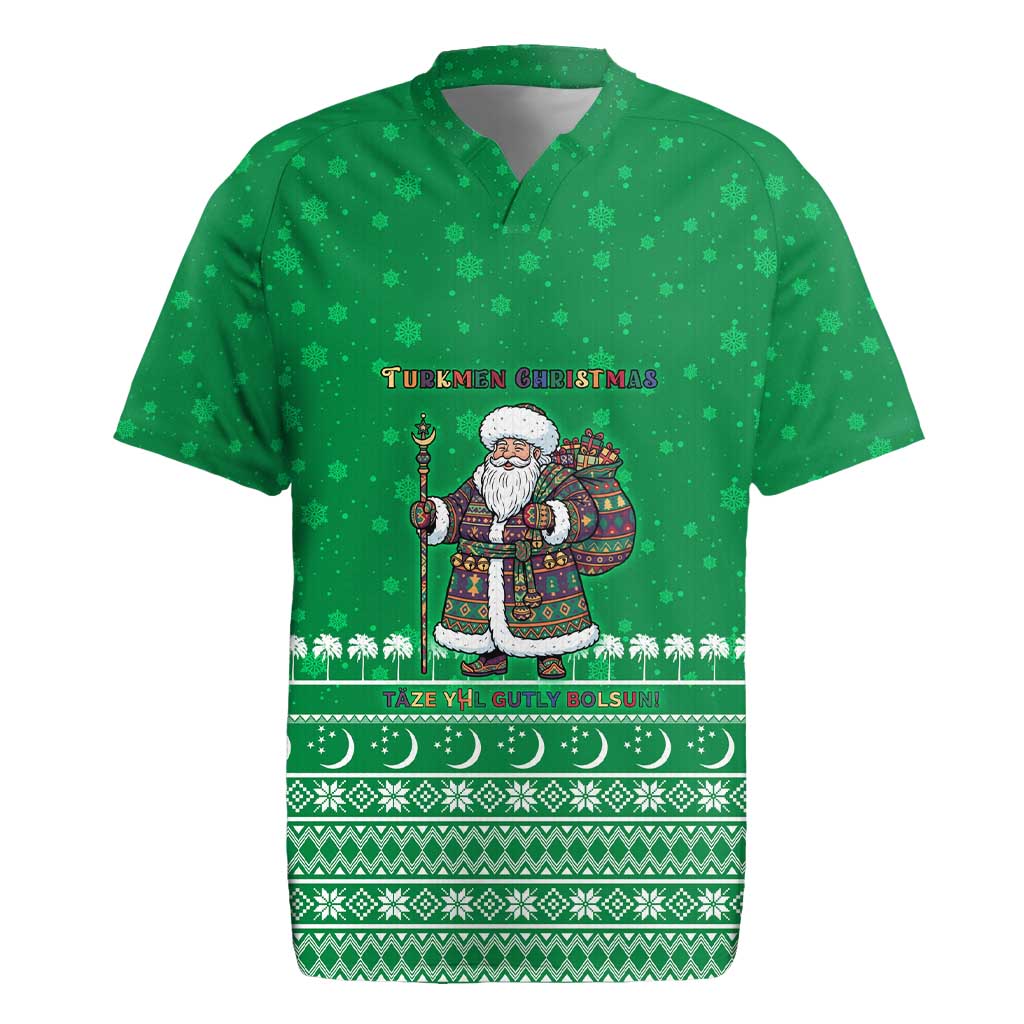 Turkmenistan Christmas Rugby Jersey with Traditional Santa Snowflake Crescent Moon and National Emblem - Wonder Print Shop