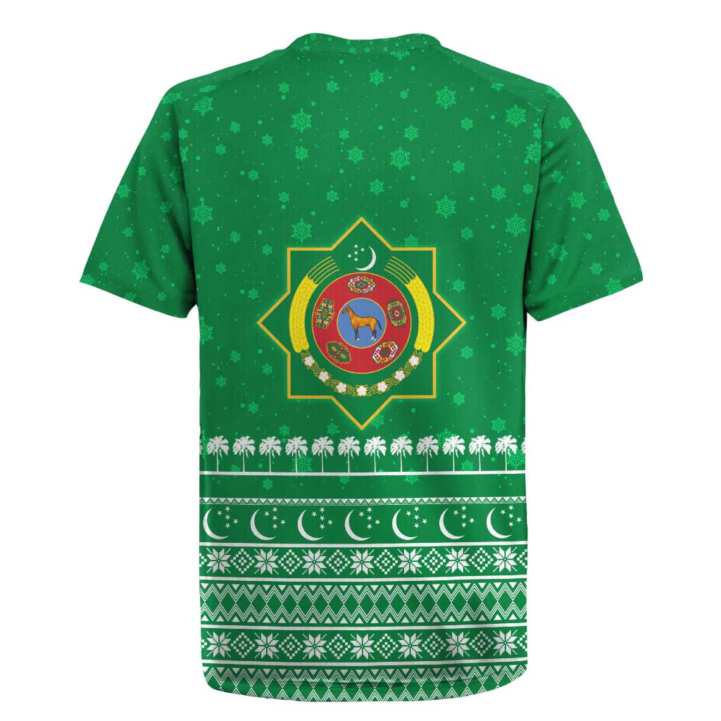 Turkmenistan Christmas Rugby Jersey with Traditional Santa Snowflake Crescent Moon and National Emblem - Wonder Print Shop