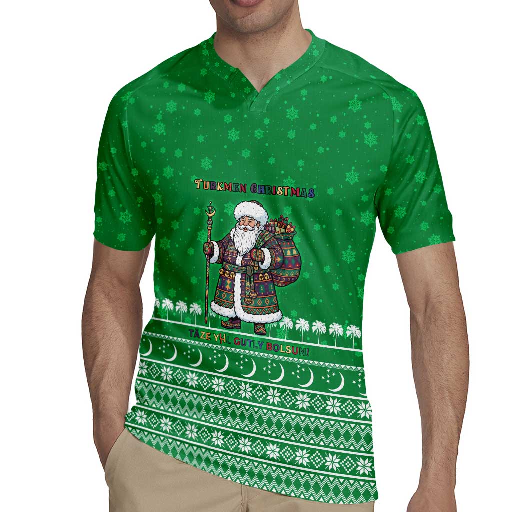 Turkmenistan Christmas Rugby Jersey with Traditional Santa Snowflake Crescent Moon and National Emblem - Wonder Print Shop