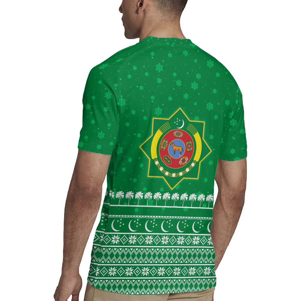 Turkmenistan Christmas Rugby Jersey with Traditional Santa Snowflake Crescent Moon and National Emblem - Wonder Print Shop