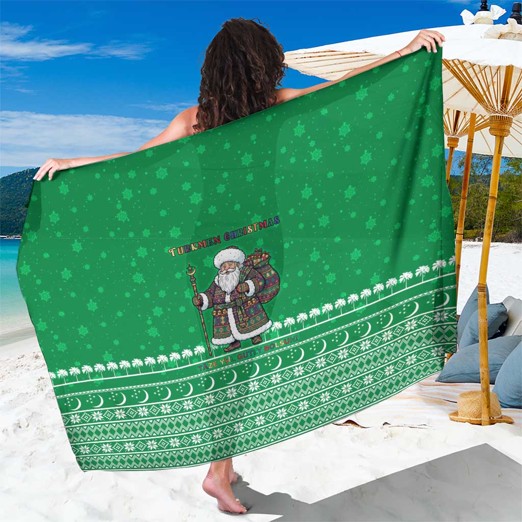 Turkmenistan Christmas Sarong with Traditional Santa Snowflake Crescent Moon and National Emblem - Wonder Print Shop