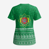 Turkmenistan Christmas Scrub Top with Traditional Santa Snowflake Crescent Moon and National Emblem - Wonder Print Shop