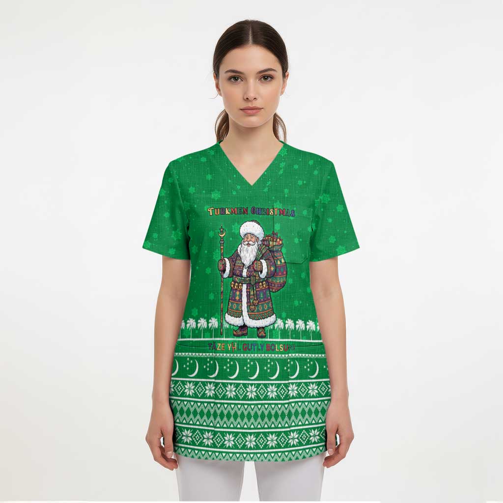 Turkmenistan Christmas Scrub Top with Traditional Santa Snowflake Crescent Moon and National Emblem - Wonder Print Shop