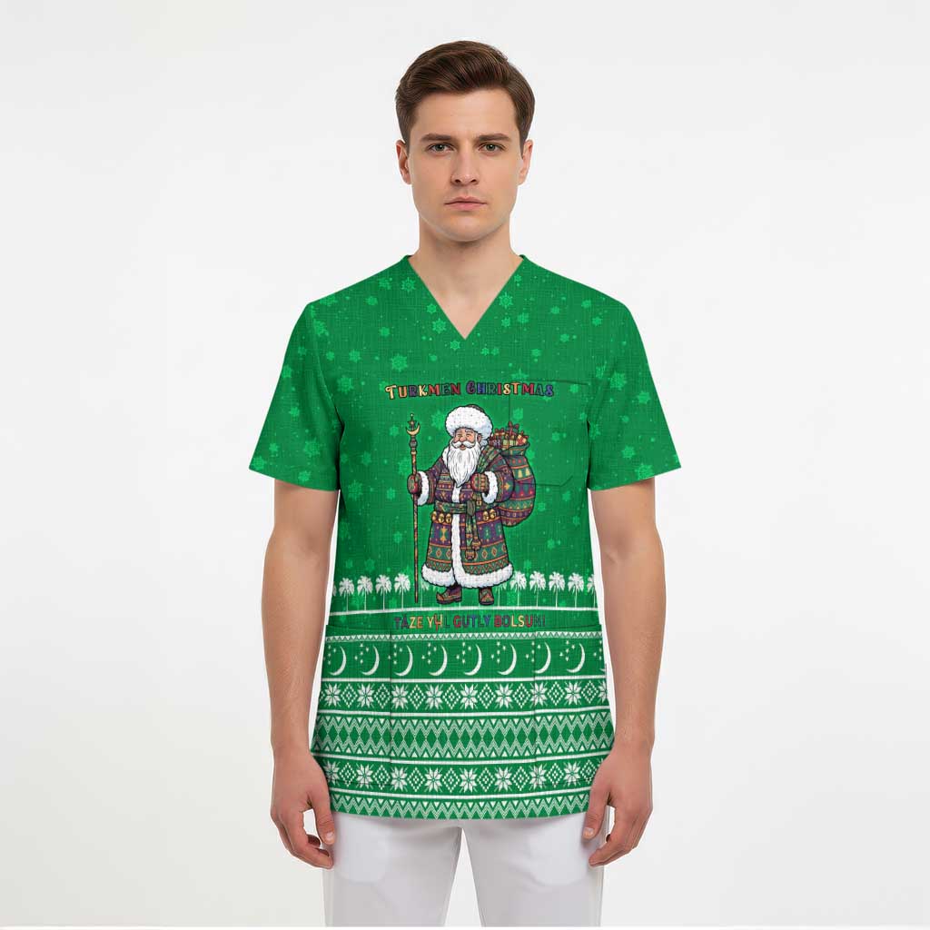 Turkmenistan Christmas Scrub Top with Traditional Santa Snowflake Crescent Moon and National Emblem - Wonder Print Shop