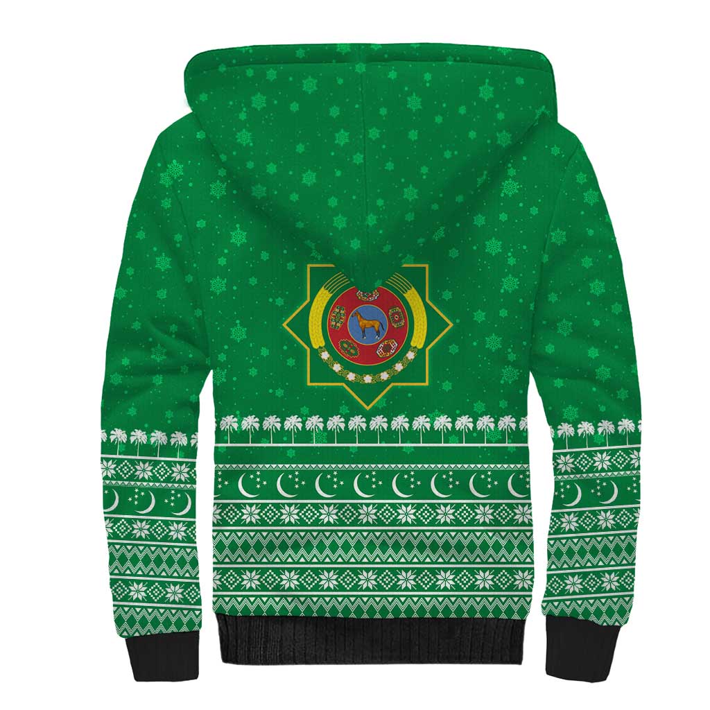 Turkmenistan Christmas Sherpa Hoodie with Traditional Santa Snowflake Crescent Moon and National Emblem - Wonder Print Shop