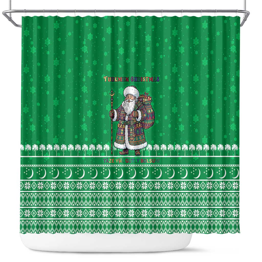 Turkmenistan Christmas Shower Curtain with Traditional Santa Snowflake Crescent Moon and National Emblem - Wonder Print Shop