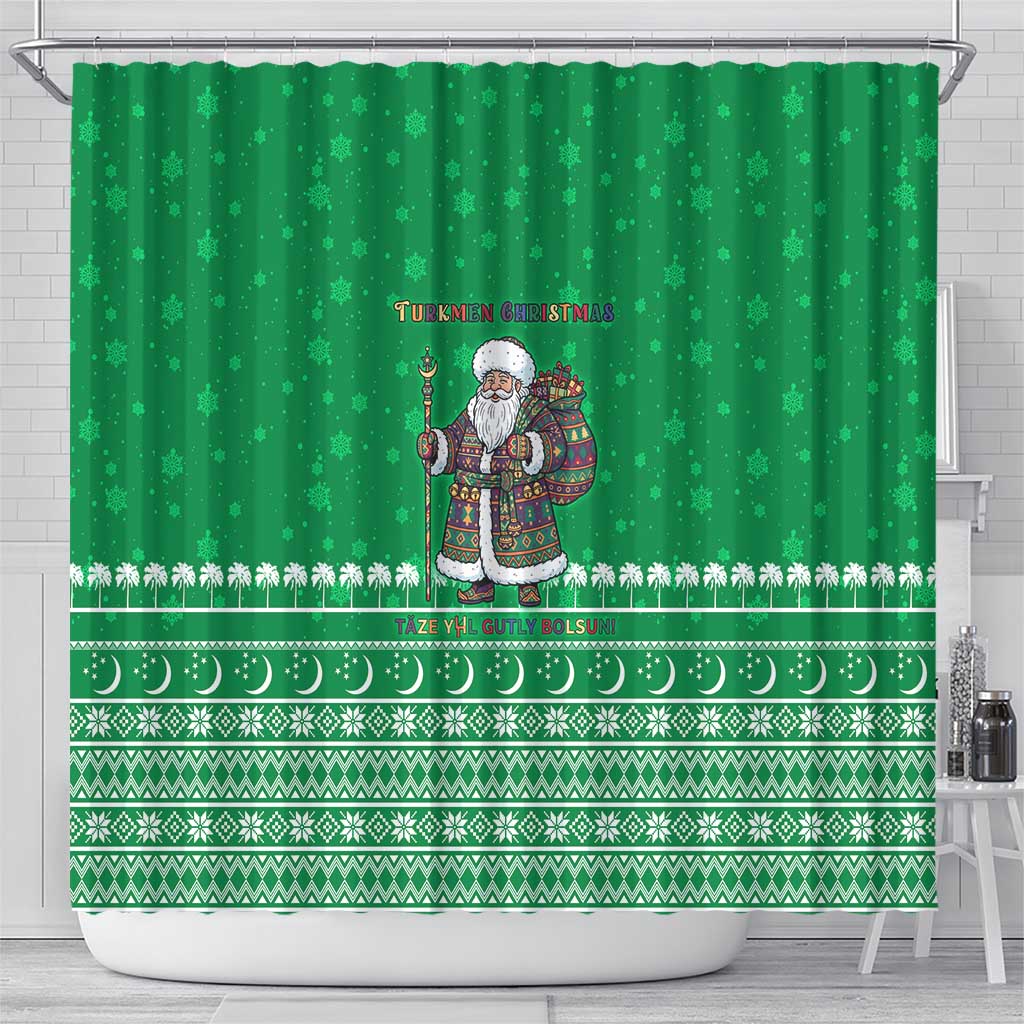 Turkmenistan Christmas Shower Curtain with Traditional Santa Snowflake Crescent Moon and National Emblem - Wonder Print Shop