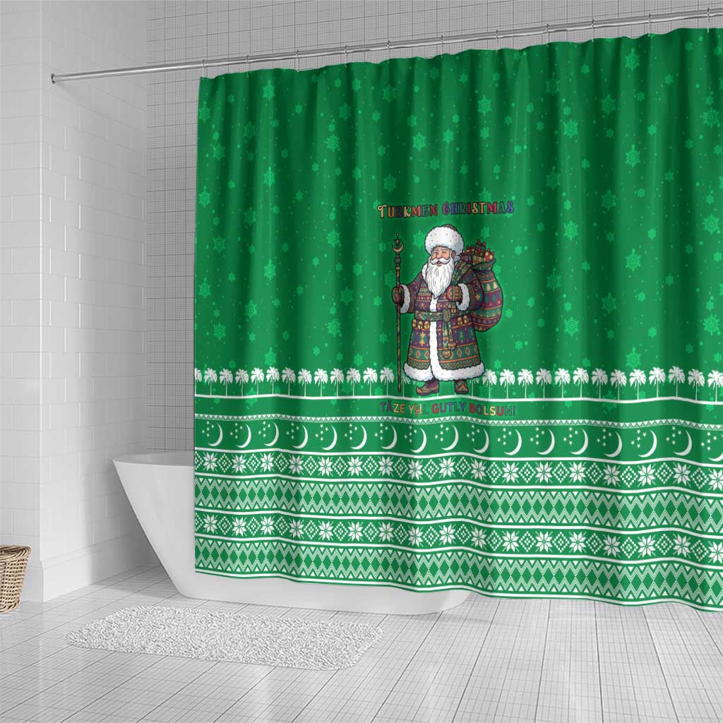 Turkmenistan Christmas Shower Curtain with Traditional Santa Snowflake Crescent Moon and National Emblem - Wonder Print Shop