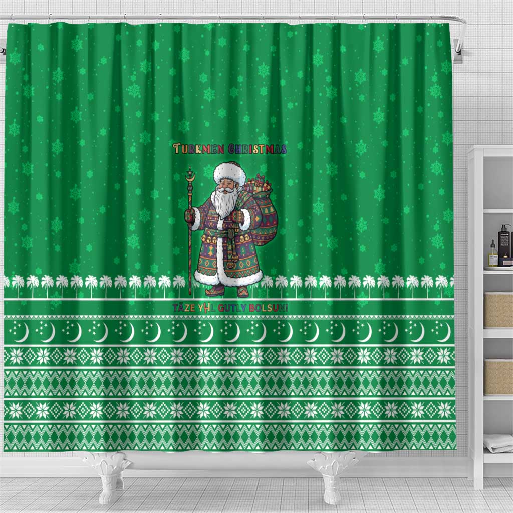 Turkmenistan Christmas Shower Curtain with Traditional Santa Snowflake Crescent Moon and National Emblem - Wonder Print Shop