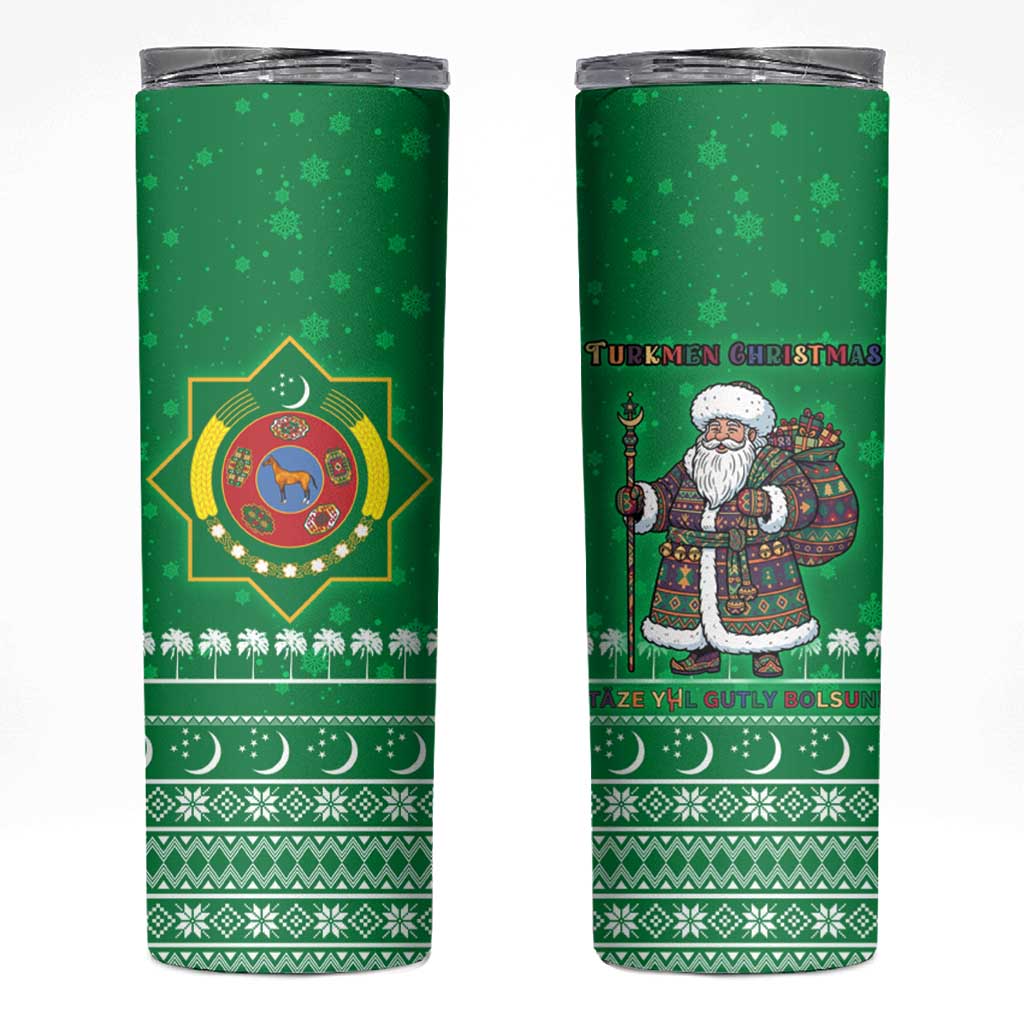 Turkmenistan Christmas Skinny Tumbler with Traditional Santa Snowflake Crescent Moon and National Emblem - Wonder Print Shop
