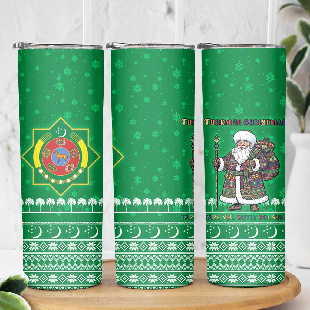 Turkmenistan Christmas Skinny Tumbler with Traditional Santa Snowflake Crescent Moon and National Emblem - Wonder Print Shop