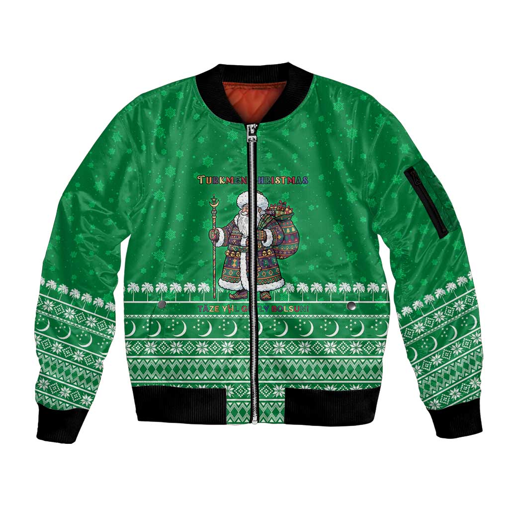 Turkmenistan Christmas Sleeve Zip Bomber Jacket with Traditional Santa Snowflake Crescent Moon and National Emblem - Wonder Print Shop