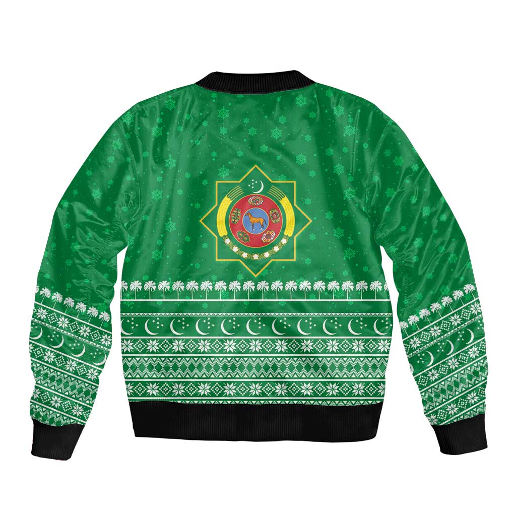 Turkmenistan Christmas Sleeve Zip Bomber Jacket with Traditional Santa Snowflake Crescent Moon and National Emblem - Wonder Print Shop