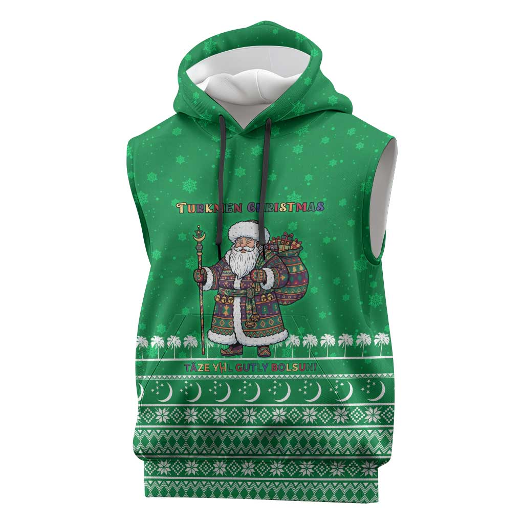 Turkmenistan Christmas Sleeveless Hoodie with Traditional Santa Snowflake Crescent Moon and National Emblem - Wonder Print Shop