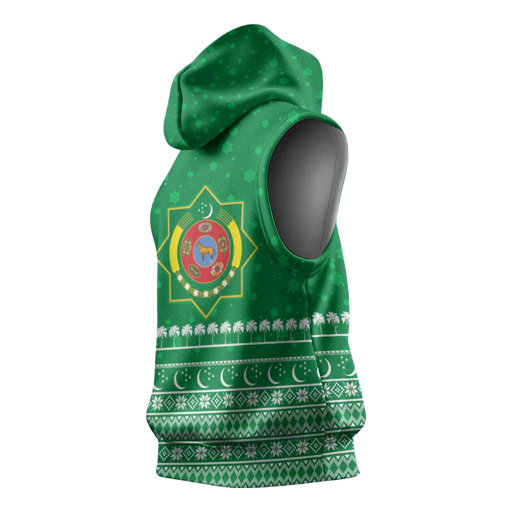 Turkmenistan Christmas Sleeveless Hoodie with Traditional Santa Snowflake Crescent Moon and National Emblem - Wonder Print Shop
