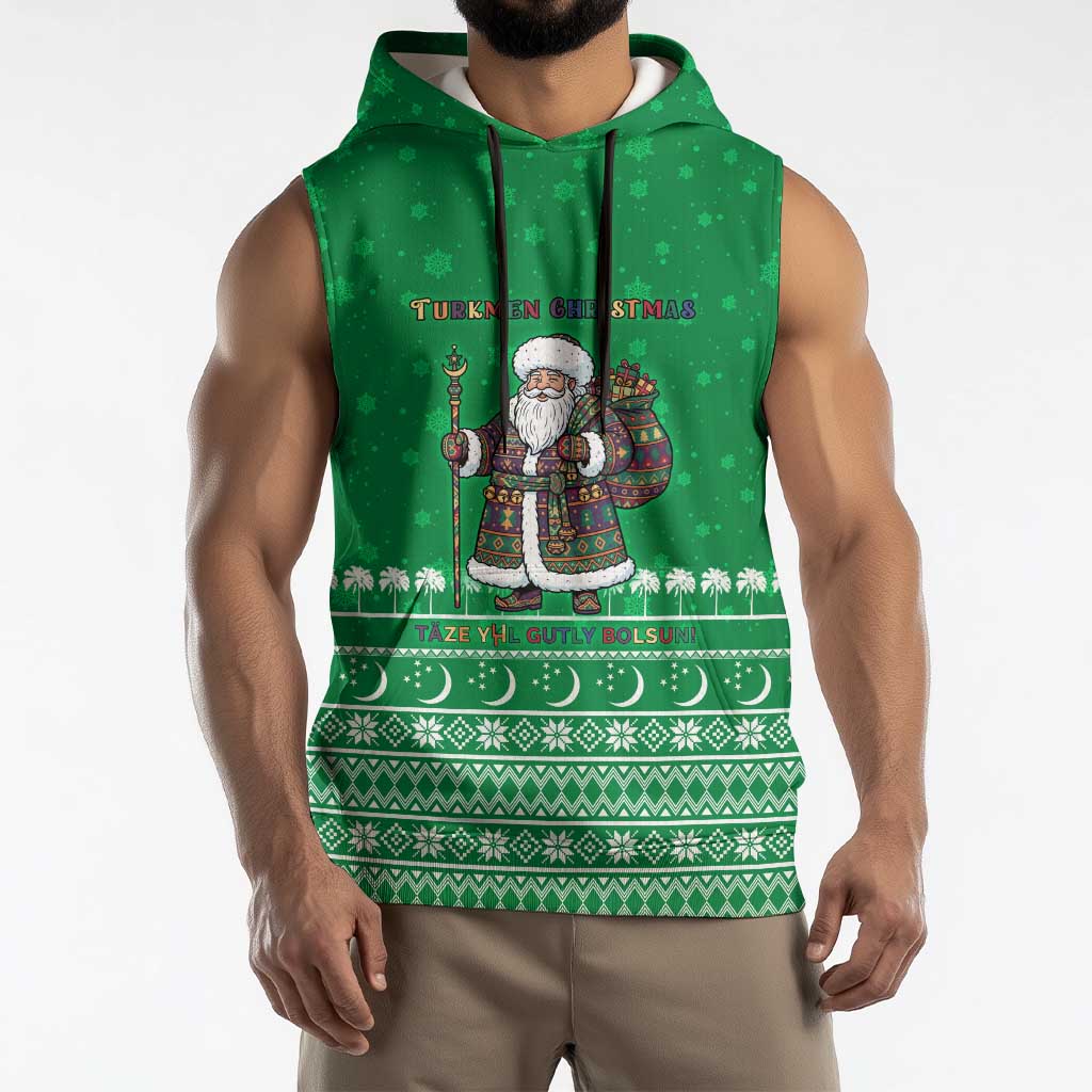 Turkmenistan Christmas Sleeveless Hoodie with Traditional Santa Snowflake Crescent Moon and National Emblem - Wonder Print Shop