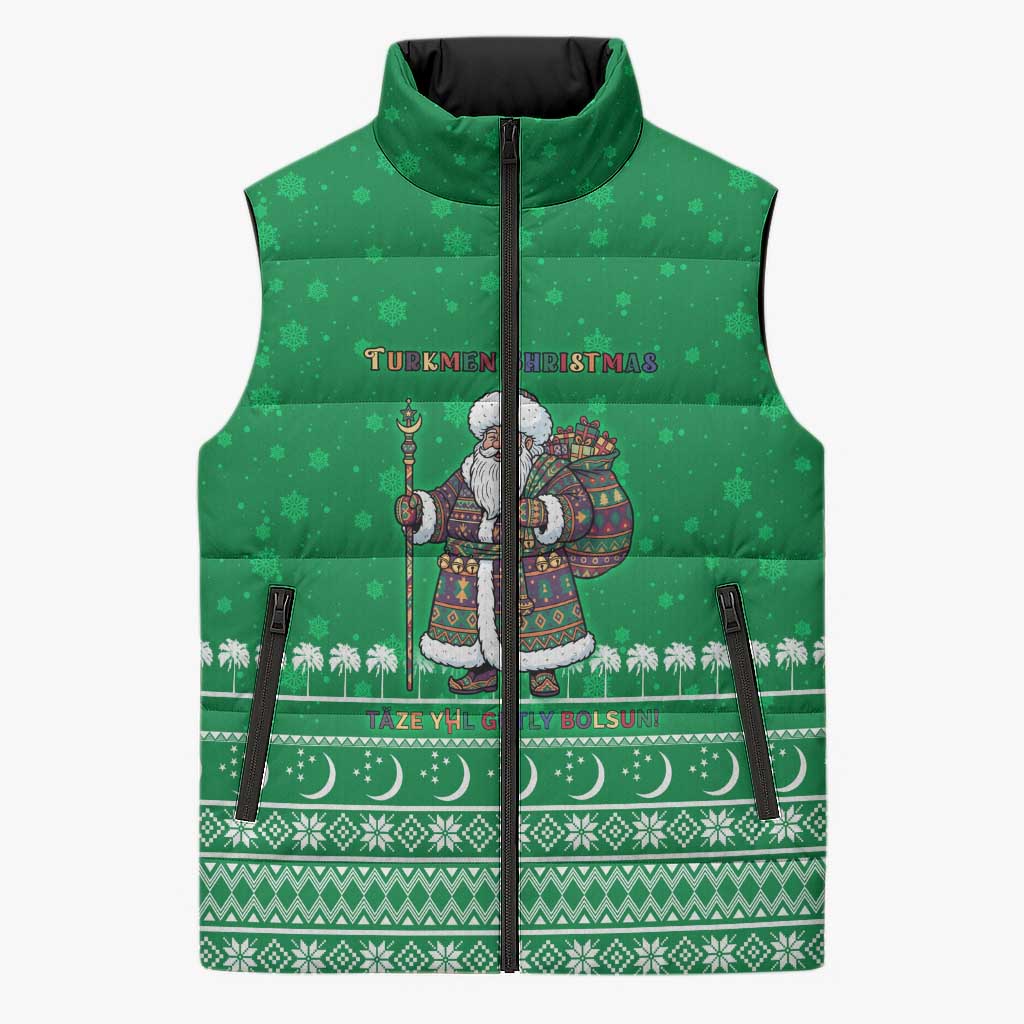 Turkmenistan Christmas Sleeveless Puffer Jacket with Traditional Santa Snowflake Crescent Moon and National Emblem - Wonder Print Shop