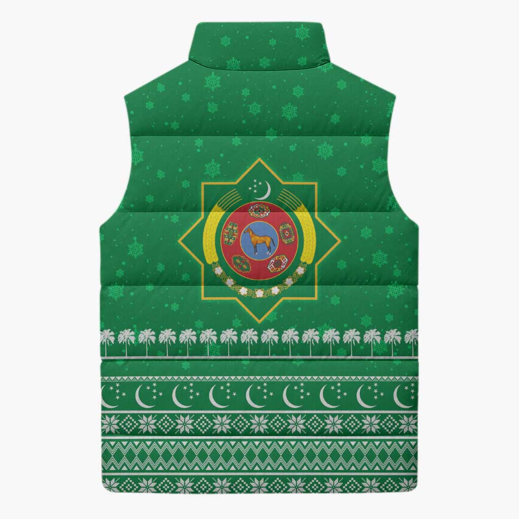 Turkmenistan Christmas Sleeveless Puffer Jacket with Traditional Santa Snowflake Crescent Moon and National Emblem - Wonder Print Shop